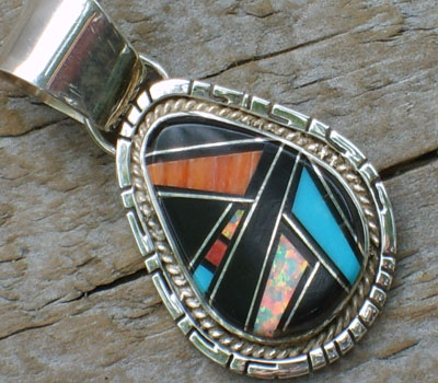 Native American Inlay Multi-Stone Teardop Pendant